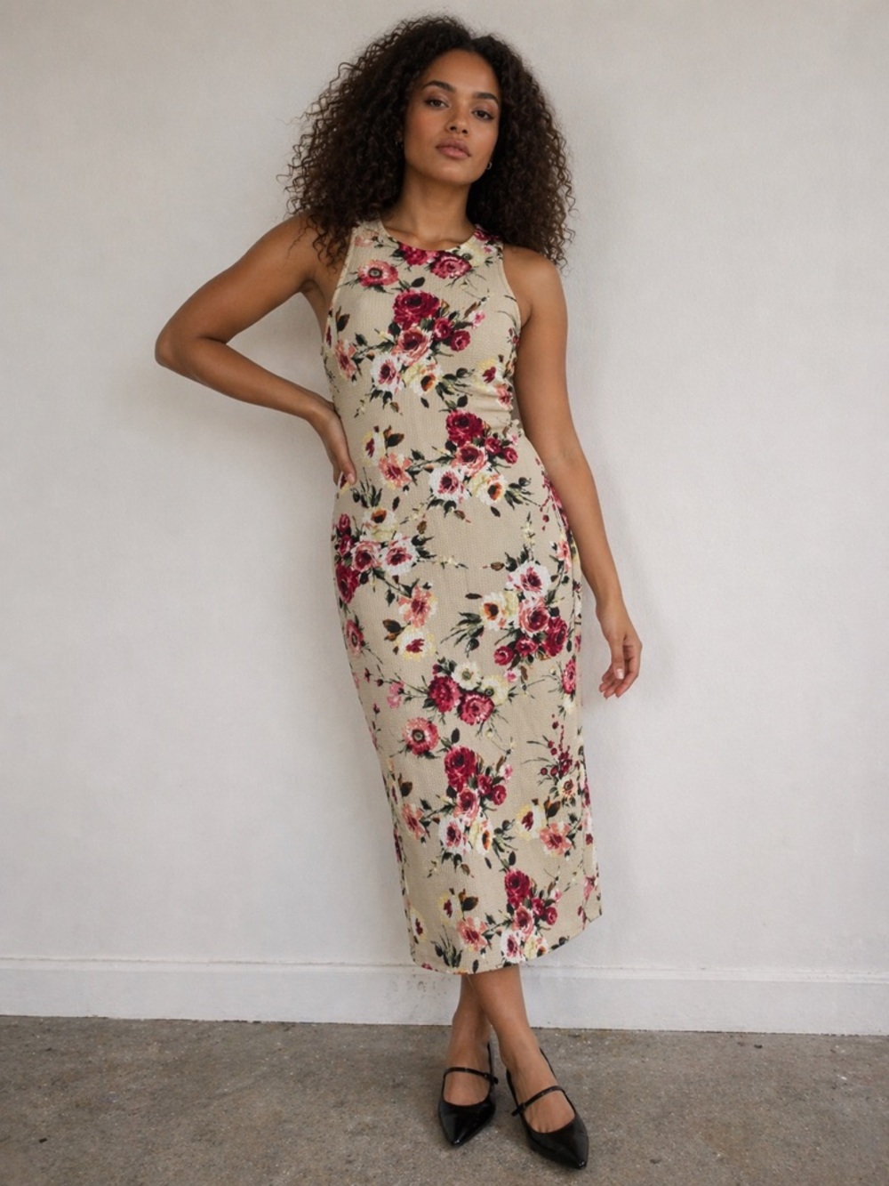 Love J Floral Sleeveless Bodycon Dress Women’s Medium Textured Stretch Midi
